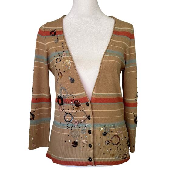 Moth Anthropologie tan striped beaded button-front cardigan size M - Picture 1 of 11